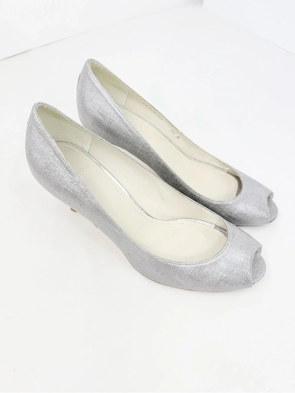 Stuart Weitzman Metallic Pewter Silver Peep Toe Wood Heel Pumps